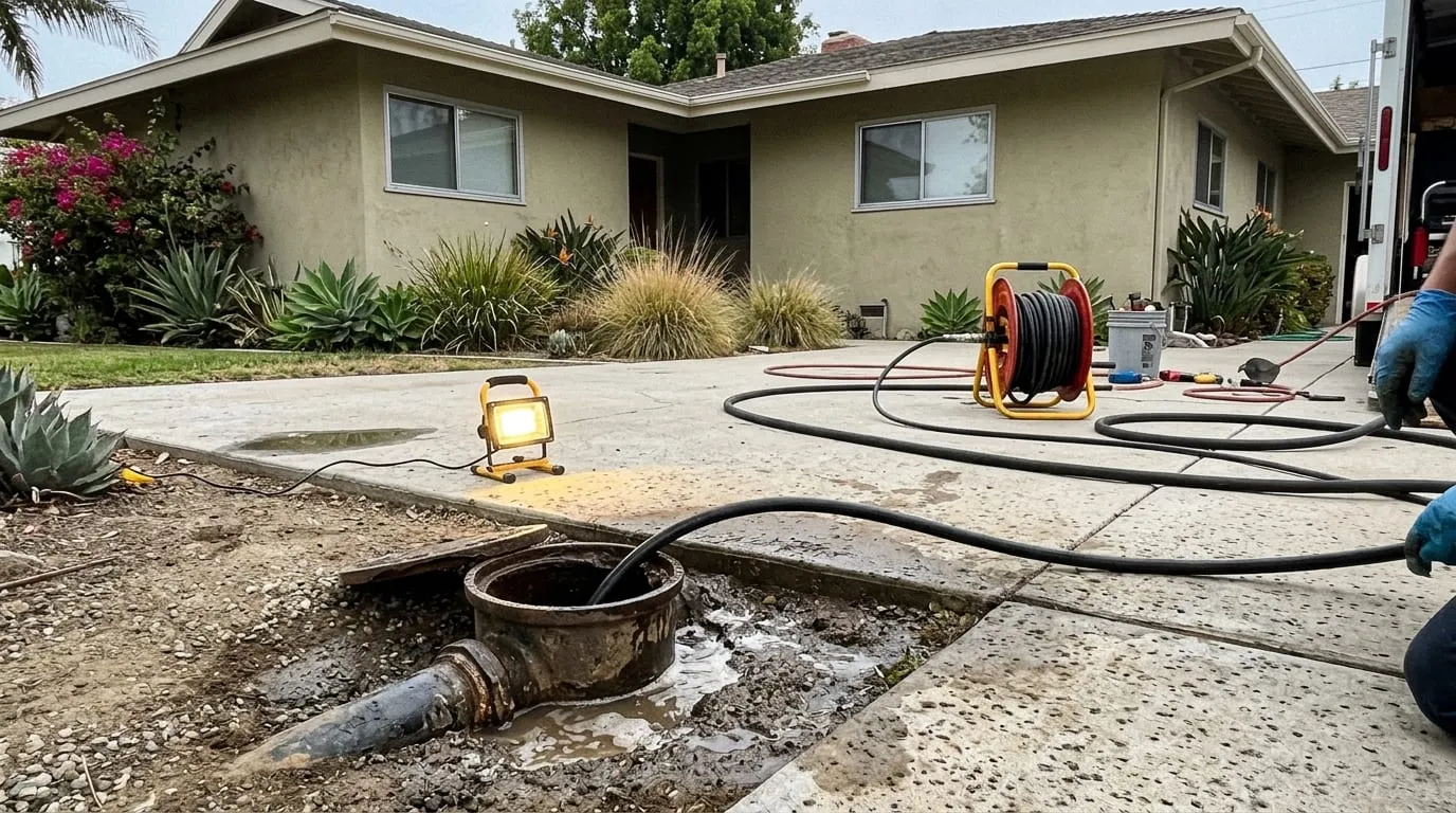 Hydro jetter hose reel and a work light beside an open sewer cleanout in front of a stucco ranch house