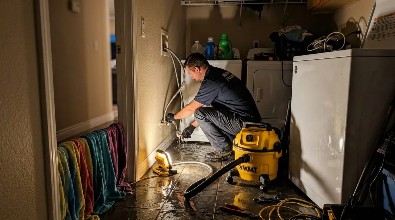 Plumber running a wet vacuum across a flooded laundry room floor beside the washer